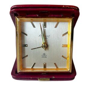 Rosemont Travel Alarm Clock W/  Burgundy Leather Case 15 Rubis Swiss Made Geneva